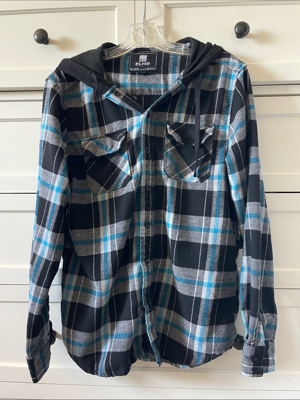 ELXR Men’s Gray & Blue Hooded Plaid Flannel Button Down Shirt - Medium